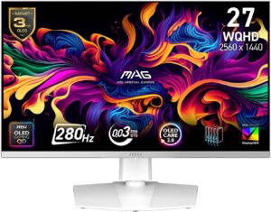 MSI MAG 272QPW X28 Gaming Monitor, 27" QD-OLED Display, QHD Resolution, 0.03ms (GtG) Response Time, 280Hz Refresh Rate, Adaptive-Sync Technology, White