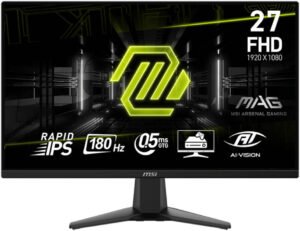 MSI MAG 275F Gaming Monitor, 27" Rapid IPS Display, FHD Resolution, 180Hz Refresh Rate, 0.5ms (GtG) Response Time, Adaptive Sync Technology, 1.07b Color Support, Anti-Flicker, Black