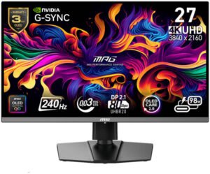 MSI MPG 272URX QD-OLED Gaming Monitor, 27" UHD QD-OLED Display, 240Hz Refresh Rate, 0.03ms (GtG) Response Time, EL Gen 3 Technology, DisplayHDR True Black 400, Black