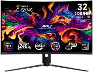 MSI MPG 321CURX Gaming Monitor, 32" QD-OLED Display, 4K UHD Resolution, 240Hz Refresh Rate, 0.03ms (GtG) Response Time, G-Sync Compatible, 1.07b Color Support, Black