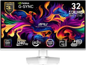 MSI MPG 321URXW Gaming Monitor, 32" QD-OLED Display, 4K UHD Resolution, 240Hz Refresh Rate, 0.03ms (GtG) Response Time, NVIDIA G-Sync Compatible, White