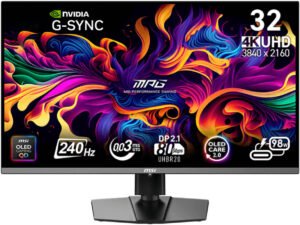 MSI MPG 322URX Gaming Monitor, 32" QD-OLED Display, 4K UHD Resolution, 240Hz Refresh Rate, 0.03ms (GtG) Response Time, NVIDIA G-Sync Compatible, 1.07b Color Display, Black
