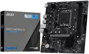MSI PRO H610M-S LGA 1700 Micro-ATX Motherboardm, Intel H610 Chipset, 2x DDR5 UDIMM Slots, 128GB Max Memory, 1x PCI-E x16, 1x M.2 Slot, 2x SATA 6G Slots