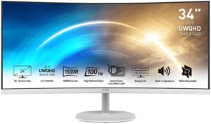 MSI PRO MP341CQW Business & Productivity Curved Monitor, 34" UWQHD VA Display, 100Hz Refresh Rate, 1ms (MPRT) Response Time, 1500R Curvature, 1.07b Color Support, White