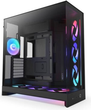 NZXT H9 Flow RGB+, Large Dual-Chamber Mid-Tower ATX Airflow Case with RGB and Control Hub, Panoramic Glass, Supports Dual 360mm Radiators, Up to 10 Fans, E-ATX Compatibility, Black
