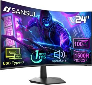 SANSUI ES-24C1 Curved Monitor, 24" FHD Display, 1ms (MPRT) Response Time, Anti-Glare, Anti-Flicker, Low Blue Light, Hard Coating(3H), Black