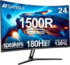 SANSUI ES-G24C1 Curved Gaming Monitor, 24" Fast VA Display, FHD Resolution, 180Hz Refresh Rate, 1ms (MPRT) Response Time, 1500R Curvature