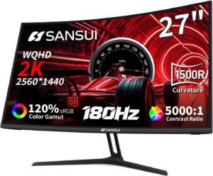 SANSUI ES-G27C1Q Curved Gaming Monitor, 27" WQHD Display, 180Hz Refresh Rate, 1ms (MPRT) Response Time, 1500R Curvature, FreeSync Technology, Black