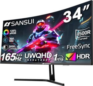 SANSUI ES-G34C5 Curved Gaming Monitor, 34" Fast VA Display, UWQHD Resolution, 165Hz Refresh Rate, 1ms (MPRT) Response Time, FreeSync Technology