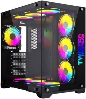 Twisted Minds Bullet-07 Mid Tempered Glass Mid Tower ATX Gaming PC Case, Pre Installed 4x 120mm ARGB Fans, Up to 360mm AIO, 3.5″ HDD* 2 + 2.5″ SSD* 2 Drive Support, USB 3.0+USB-C, Black