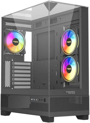 Twisted Minds DarkPulse ATX Mid Tower Gaming PC Case, Up to 240mm Radiator, 3x 120mm Pre Installed Fans, Cable Management, Tempered Glass w/ Clip + Metal Panel, Black