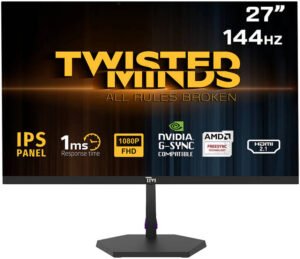 Twisted Minds TM Eco Series Gaming Monitor, 27" ELED IPS Display, FHD Resolution, 144Hz Refresh Rate, 1ms Response Time, Adaptive Sync, Flicker-Free, Built-in Speakers, Black