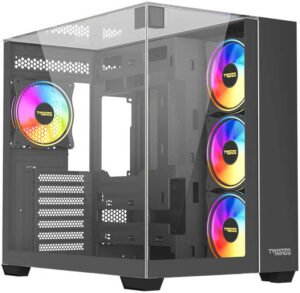 Twisted Minds Warden Rider Mid Tower 04 Gaming PC Case, Up to 360mm Radiator, 4x 120mm Pre-Installed Fan, Magnetic Dust Filter, Tempered Glass w/ Clip + Metal With Airy Holes Panel, Black