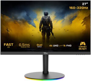 Twistedminds Dual Switch Gaming Monitor 27" Inch UHD/FHD 160Hz/320Hz IPS Display, 0.5ms Response Time, HDMI, HDR10, G-Sync, FreeSync, Tilt, Swivel, Supports PS5, RGB Base, Speakers, Black