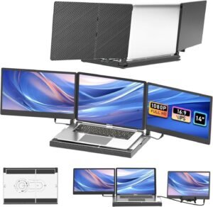 V2COM F3 14'' Triple Laptop Monitor Extender with Aluminum Base, 360° Rotation, 1080P FHD IPS Display for 12-17'' Laptops, Plug & Play, Adjustable Stand