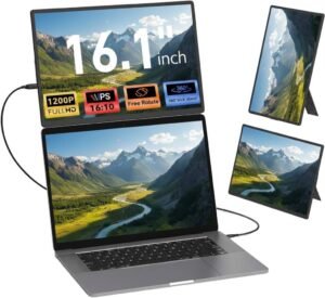 V2COM N2 16.1" Portable Laptop Monitor Extender, FHD 1200P 16 10 Display with Height-Adjustable Case Stand, 360° Rotation & Vertical Lift, USB-C/HDMI Plug & Play Portable Screen