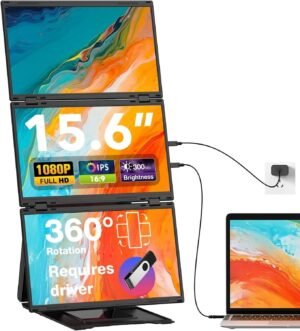 V2COM Z4 Pro Quad Laptop Screen Extender, 15.6" FHD 1080P Triple Portable Monitors, One-Button Combine to 30" Wide Display, One Cable Connection with Driver