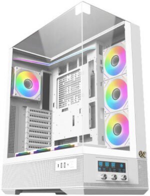 Xigmatec Vision Pro Arctic E-ATX Computer Case, 1x G24A Arctic + 7x G24A Arctic Reverse Pre-Installed Fans, 480mm Radiator Support, LCD Display Panel, 3x Tempered Glass Panel, White