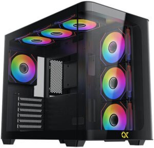 Xigmatek Pano E-ATX Computer Case, 1x G20A & 6x G20A Reverse Pre-Installed Fans, 360mm Radiator Support, 7 Expansion Slots, Curved Tempered Glass Panel, Black
