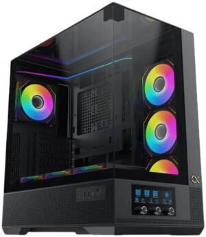 Xigmatek Vision E-ATX Computer Case, 1x G24A + 6x G24A Reverse Pre-Installed Fans, 360mm Radiator Support, LCD Display Panel, 7 Expansion Slots, 3 Tempered Glass Panel, Black