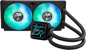ASUS Prime LC 240 aRGB Liquid CPU Cooler, 240mm Radiator, PRIME LC 24025 Integrated Fan, 2200 RPM Fan Speed, 75.7 CFM Airflow, 400mm Sleeved Rubber Tube, Black