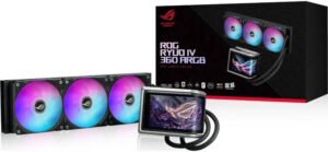 ASUS ROG RYUO IV 360 ARGB Liquid CPU Cooler, 6.67″ AMOLED Display, 360mm Radiator, 3x ROG RYUO IV MF-12C ARGB Pre-Installed Fan, 2000 RPM Fan Speed, 56.66 CFM Airflow, Black