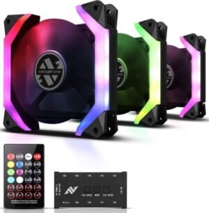 Abkon Core SP120 RGB Fans, 3-Pack Computer Fans, Unique Speaker Frame, ARGB 5V SYNC Motherboard / Remote Controller, Adjustable Fan Speed ​​and Color, Hydraulic Case Fan with Fan Hub