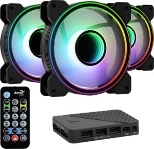 Aerocool Mirage 12 Pro ARGB 120mm Triple Fan Kit with RGB Hub, 1300RPM Fan Speed, 120mm Fan, 45.7 CFM Airflow, Hydraulic Bearing Type, Black