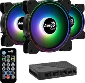 Aerocool Saturn 12F ARGB Pro Case Fan, Hub and Controller Included, 1000 RPM, 19.6 dB Noise Level, 4 Pin, 120mm Fan Diameter, 3 Pack, Black