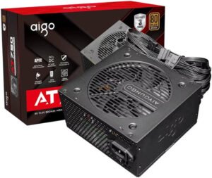 Aigo AT750 Non Modular Power Supply, 80 Plus Bronze Certification, 750W Power, Active PFC, Taiwanese 105° Capacitors, Hydraulic Bearing, 120mm Fan, Black