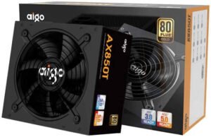 Aigo AX850T Full Modular Power Supply, 80 Plus Gold Certification, 850W Power, OVP, UVP, OPP, SCP, & OTP Comprehensive Protection, Taiwan Capacitor, Black