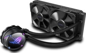 Asus Rog Strix LC II 240 Liquid CPU Cooler, Aura Sync Support, 2x120mm Fan Size, 2500 RPM Speed, Sleeved Rubber Tube, Black