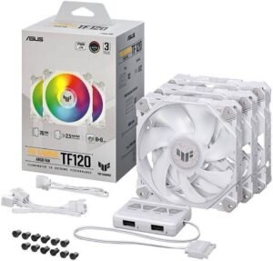 Asus TUF Gaming TF120 ARGB Case Fan, Aura Sync Compatibility, 12cm Fan Diameter, 1900RPM Max Rotation Speed, 76 CFM Max Airflow, 29 dB Noise Level, White Edition, Triple Pack
