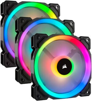 CORSAIR LL120 RGB 120mm Dual Light Loop RGB LED PWM Fan with Lighting Node PRO, Up to 1500 RPM Fan Speed, 43.25 CFM Fan Airflow, PWM Control, Low Noise Operation, Tripple Pack - Black