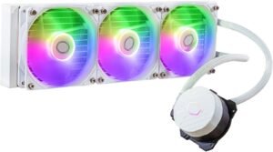 Cooler Master MaasaterLiquid 360L Core aRGB Liquid CPU Cooler, 360mm Radiator, 650-1750 RPM Fan Speed, 71 93 CFM Fan Airflow, Aluminum Radiator, 3-Pin Pump Connector, White