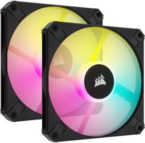 Corsair iCUE AF120 RGB SLIM 120mm PWM FDB Fan, 2000 RPM Fan Speed, 56.3 CFM Airflow, 27.5 dBA Fan Noise, Zero RPM Mode, Static Pressure Flow Type, Twin Pack, Black