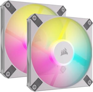 Corsair iCUE AF120 RGB SLIM 120mm PWM FDB Fan, 2000 RPM Fan Speed, 56.3 CFM Airflow, 27.5 dBA Fan Noise, Zero RPM Mode, Static Pressure Flow Type, Twin Pack, White