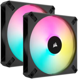 Corsair iCUE AF140 RGB ELITE 140mm PWM Case Fan, 1700 RPM Speed, 89.0 CFM Airflow, 33.8 dBA Fan Noise, Zero RPM Mode, Corsair Airguide Technology, Twin Pack, Black