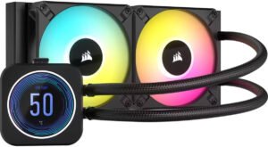 Corsair iCUE H100i ELITE LCD XT Liquid CPU Cooler, 240mm Radiator, 2.1" IPS LCD Display, 120mm AF RGB ELITE Fans, 65.57 CFM Airflow, 2100RPM Speed, Pump Head with RGB LED Ring, Black