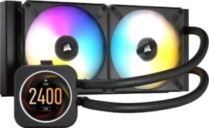Corsair iCUE H100i Elite LCD Display Liquid CPU Cooler, 380mm Tubing Length, 2x120mm Fans, 240mm Radiator, 10-30.4 dBA Noise Level, Split-Flow Copper Cold Plate, Black