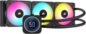 Corsair iCUE H150i ELITE LCD XT Liquid CPU Cooler, 360mm Radiator, 2.1" IPS LCD Display, 120mm AF RGB ELITE Fans, 65.57 CFM Airflow, 2100RPM Speed, Pump Head with RGB LED Ring, Black