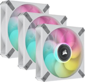 Corsair iCUE ML120 RGB Elite Premium PWM Fan, 120mm Size, Magnetic Levitation Fan, 450-2000 RPM Speed, 10-30.4dBA Sound Level, Black Triple Fan Kit, With iCUE Lighting Node Core, White