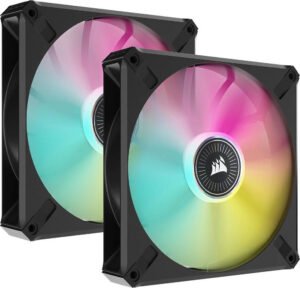 Corsair iCUE ML140 RGB Elite Premium PWM Fan, With iCUE Lighting Node Core, 140mm Size, Magnetic Levitation, 400-1600 RPM Speed, 10-31.8 dBA Sound Level, Dual Fan Kit, Black