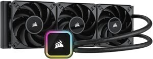 Corsair iCue H150i RGB Elite Liquid CPU Cooler, 360mm Radiator Size, 400mm Tubing Length, 400-1850 RPM Fan Speed, 10.9 - 59.1 CFM Fan Airflow, 10 - 31.5 dBa Noise Level, 3 Fans, Black