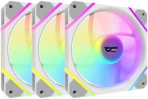 DarkFlash A-RGB Cooling Fan, Up to 1200 RPM Fan Speed, Up to 38.3 CFM Airflow, 21.5 dBA Noise Level, 120x120x25mm Dimensions, FDB Hydro Bearing, 8 Shock Cushion, Pack of 3, White