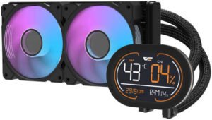 DarkFlash DH240D Liquid CPU Cooler, 240mm Aluminum Radiator, 2x 120mm Fans, 2000 RPM Fan Speed, 30dBA Noise Level, 59.1CFM Fan Airflow, Copper Base Water Block, Hydro Bearing, Black