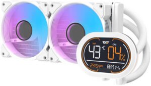 DarkFlash DH240D Liquid CPU Cooler, 240mm Aluminum Radiator, 2x 120mm Fans, 2000 RPM Fan Speed, 30dBA Noise Level, 59.1CFM Fan Airflow, Copper Base Water Block, Hydro Bearing, White