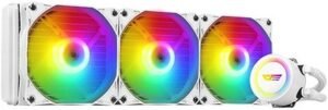 Darkflash AURA DA360 Liquid CPU Cooler, 120mm PWD Fans, 900~1800RPM Fan Speed, 2500 RPM Pump Speed, HQ Water Pump, Wide Copper Bottom, Hydraulic Bearing, White
