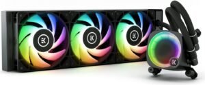 EK-Nucleus AIO CR360 Lux D-RGB Liquid CUP Cooler, 360mm Radiator, 120mm EK-Loop FPT Fans, 2300 RPM Fan Speed, 72 CFM Airflow, Rotatable Pump Top, ARGB Lighting, Black