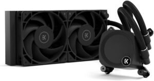 EKWB EK-Nucleus AIO CR240 Dark Liquid CPU Cooler, 240mm Radiator, 120mm Daisy-Chainable Fans, Max 2300 RPM Speed, 72 CFM Airflow, Microfin Copper Coldplate, Rotatable Pump Top, Black